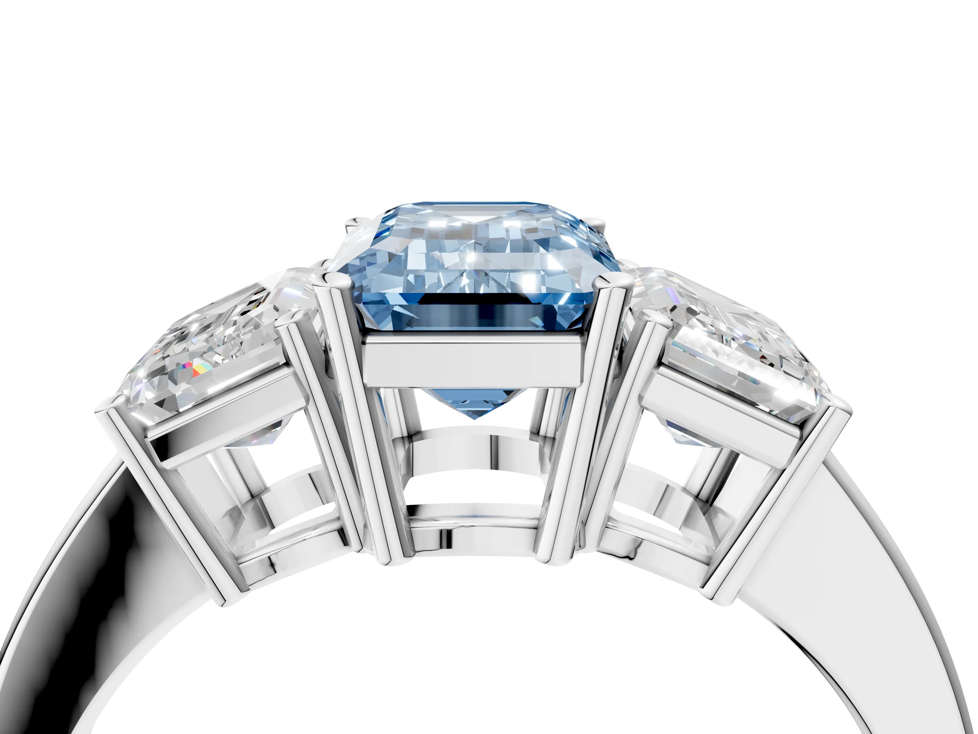White gold Three-Stone Fancy Blue Emerald Cut Cut Diamond Engagement Ring with Flat Band and Four-Prong Setting_16