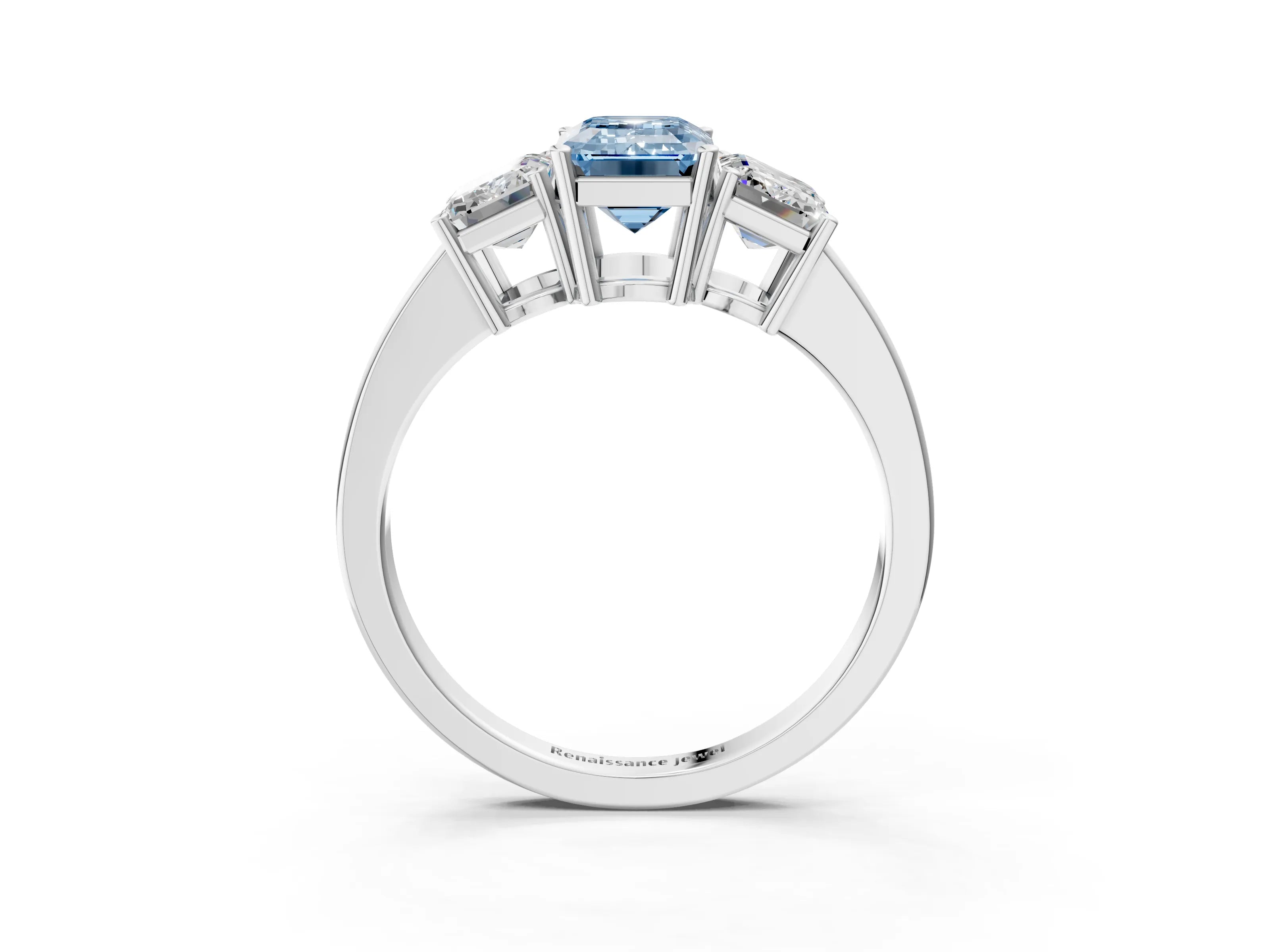 White gold Three-Stone Fancy Blue Emerald Cut Cut Diamond Engagement Ring with Flat Band and Four-Prong Setting_3