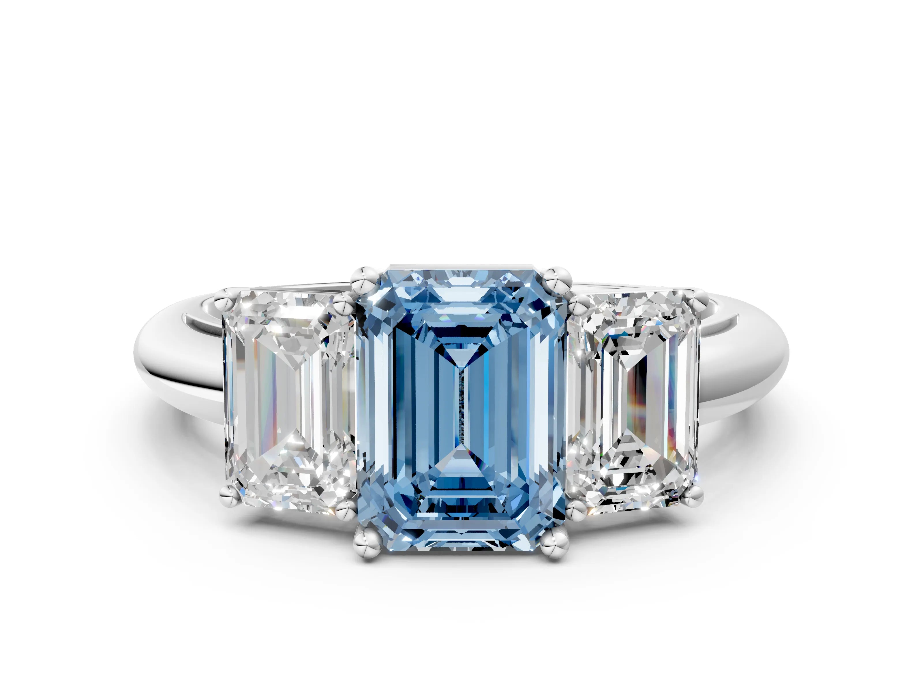 White gold Three-Stone Fancy Blue Emerald Cut Cut Diamond Engagement Ring with Prong Setting on a White Gold Band_12