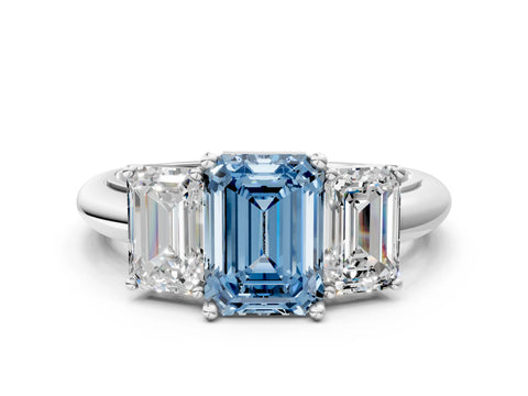 White gold Three-Stone Fancy Blue Emerald Cut Cut Diamond Engagement Ring with Prong Setting on a White Gold Band_12