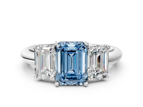 White gold Three-Stone Fancy Blue Emerald Cut Cut Diamond Engagement Ring with Prong Setting on a White Gold Band_12