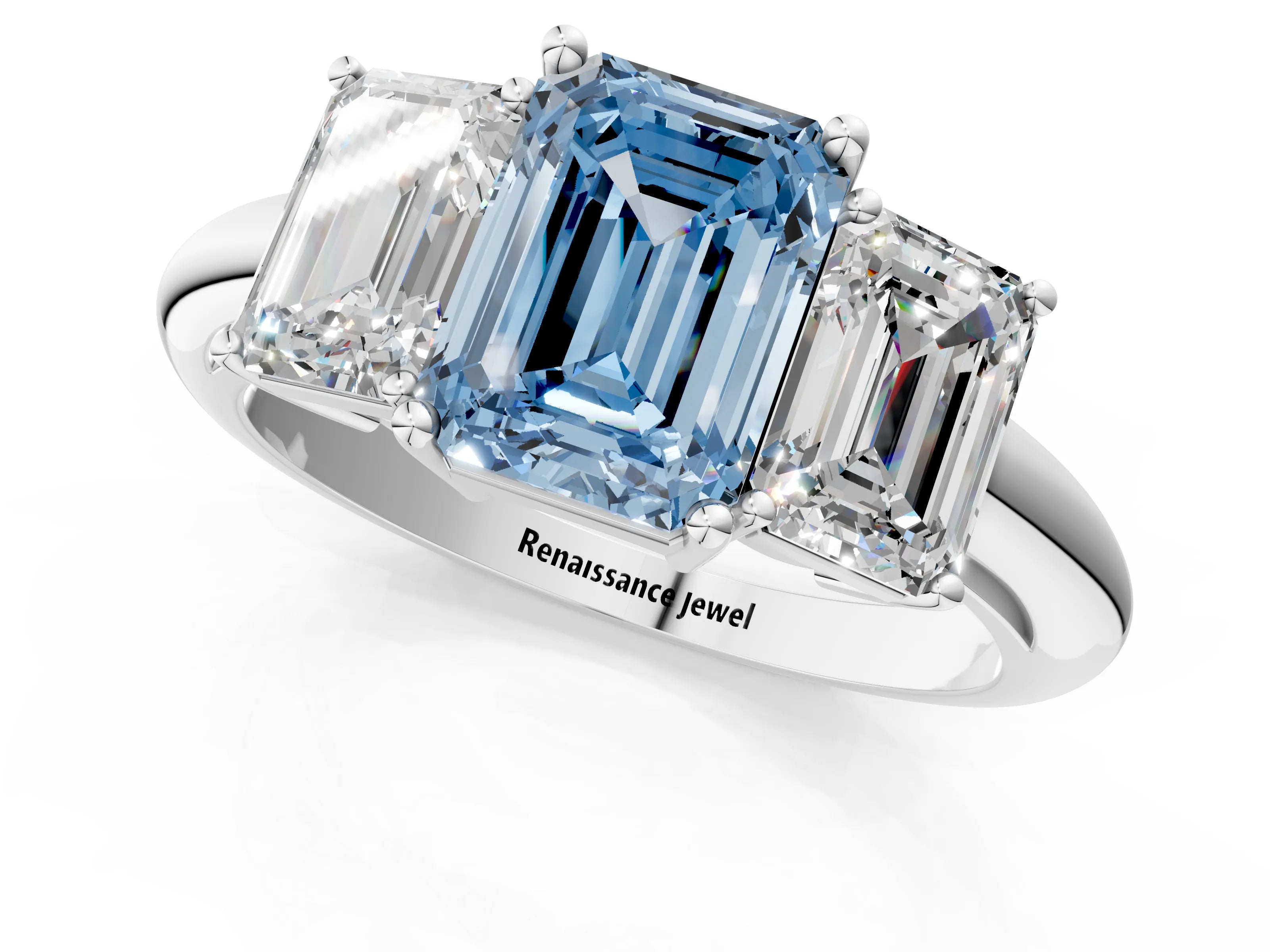 White gold Three-Stone Fancy Blue Emerald Cut Cut Diamond Engagement Ring with Prong Setting on a White Gold Band_13