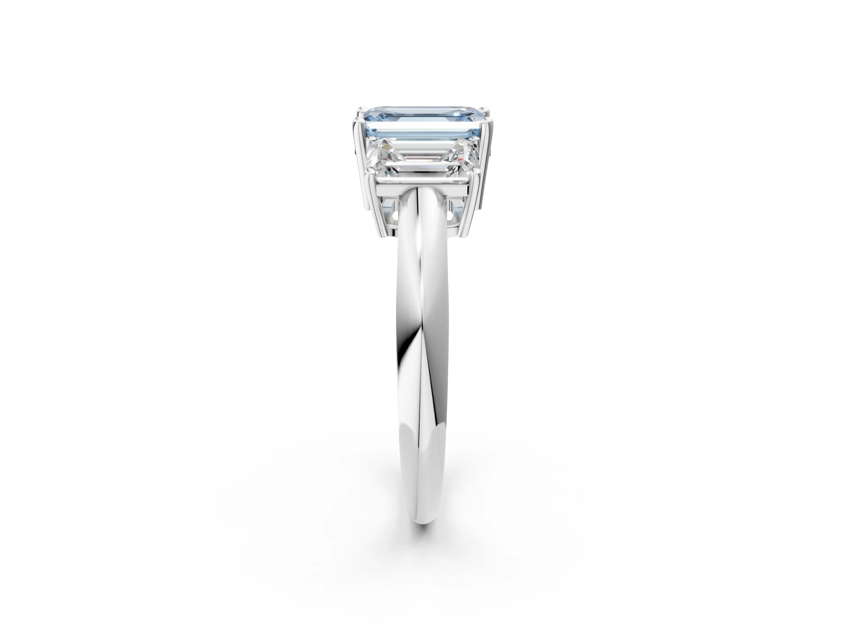 White gold Three-Stone Fancy Blue Emerald Cut Cut Diamond Engagement Ring with Prong Setting on a White Gold Band_14