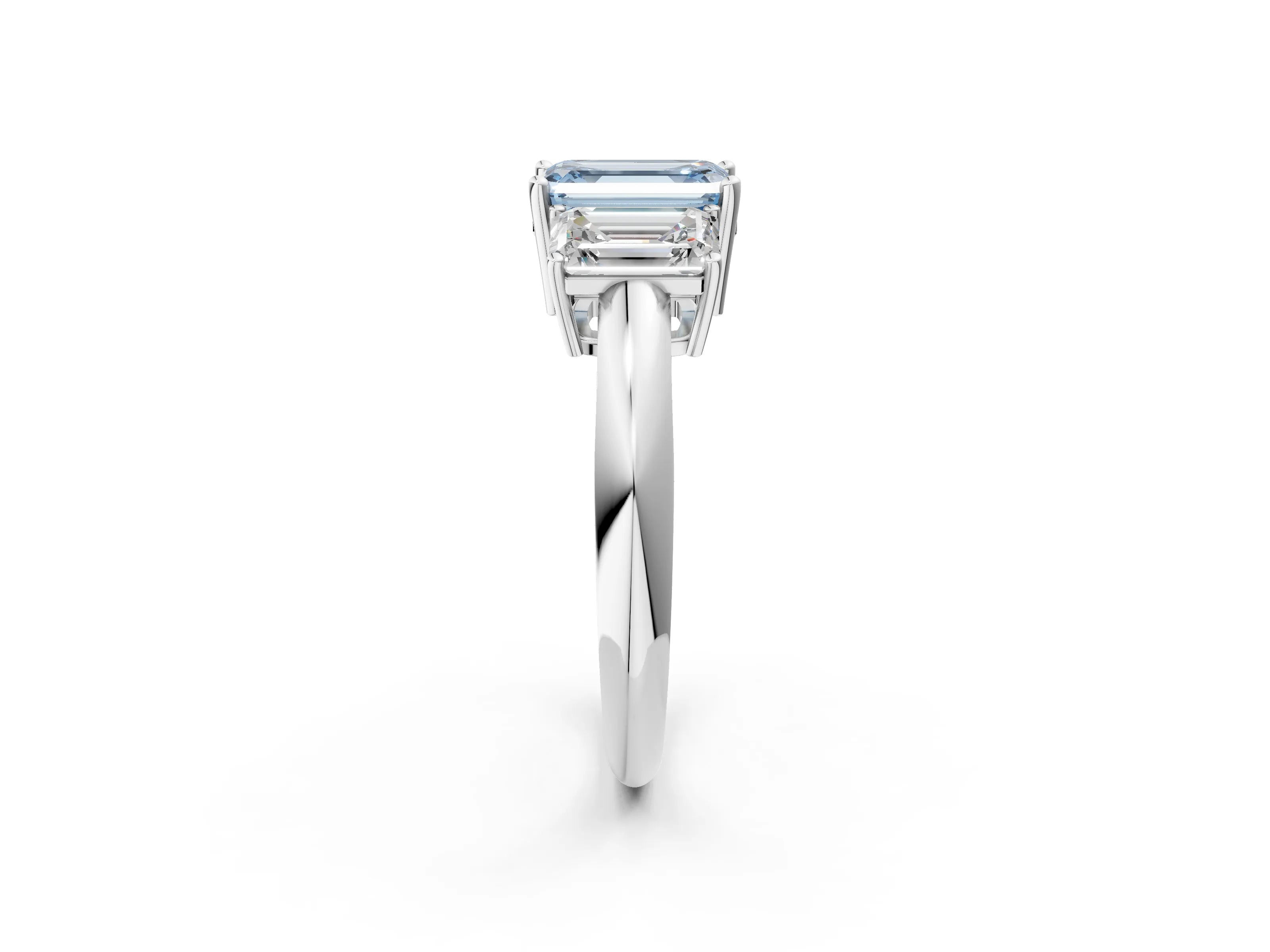 White gold Three-Stone Fancy Blue Emerald Cut Cut Diamond Engagement Ring with Prong Setting on a White Gold Band_14
