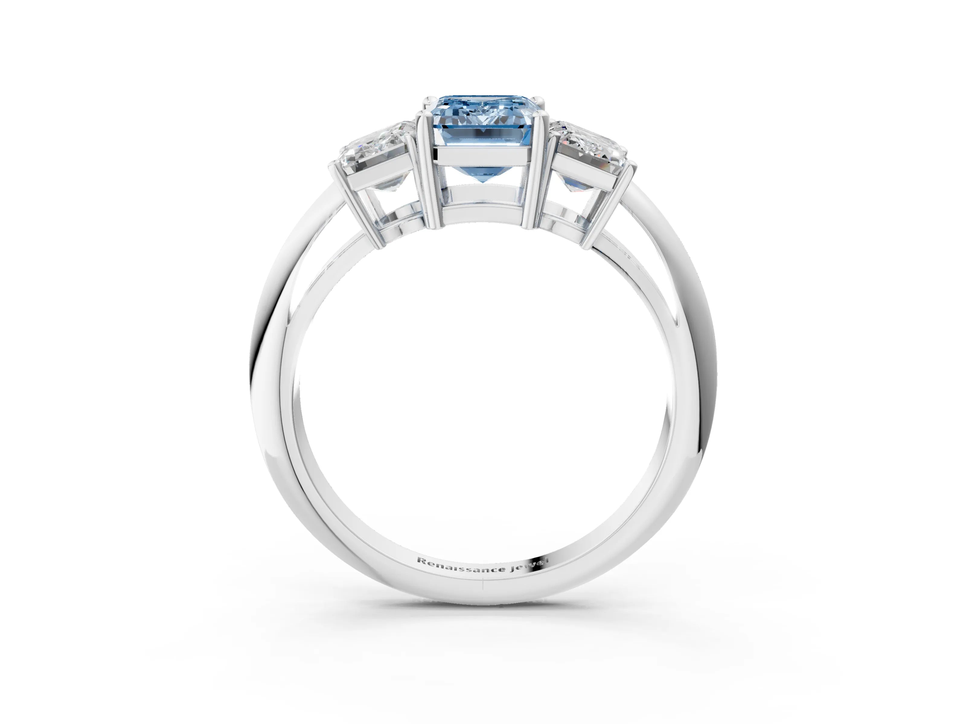 White gold Three-Stone Fancy Blue Emerald Cut Cut Diamond Engagement Ring with Prong Setting on a White Gold Band_15