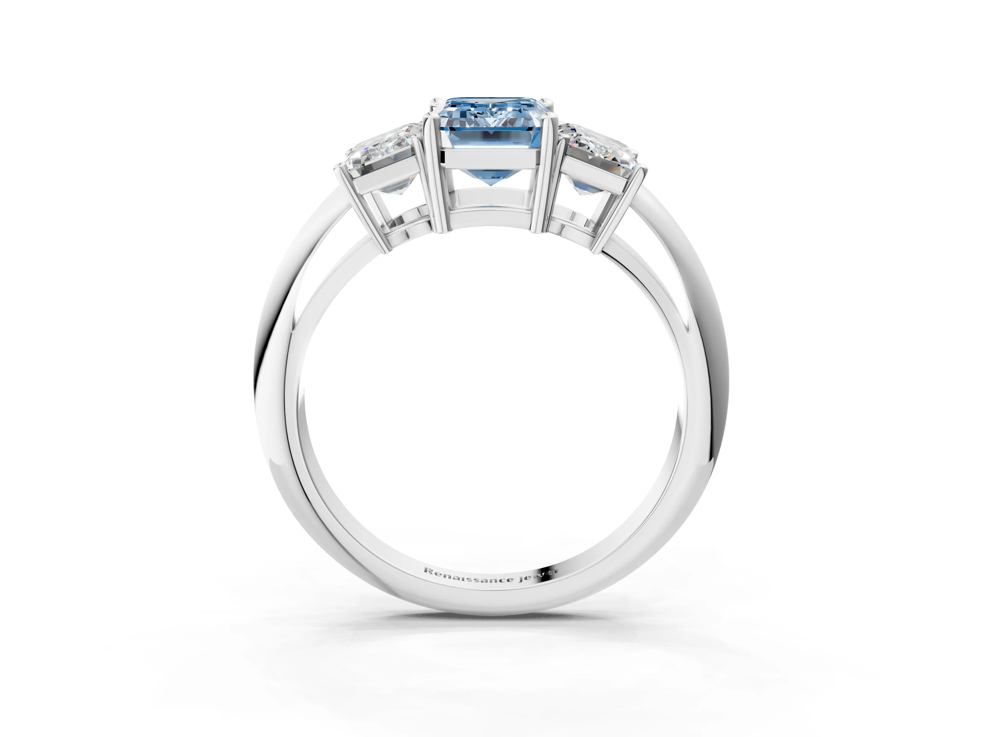 White gold Three-Stone Fancy Blue Emerald Cut Cut Diamond Engagement Ring with Prong Setting on a White Gold Band_15