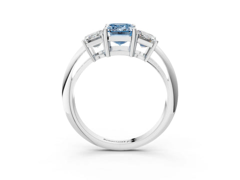 White gold Three-Stone Fancy Blue Emerald Cut Cut Diamond Engagement Ring with Prong Setting on a White Gold Band_15