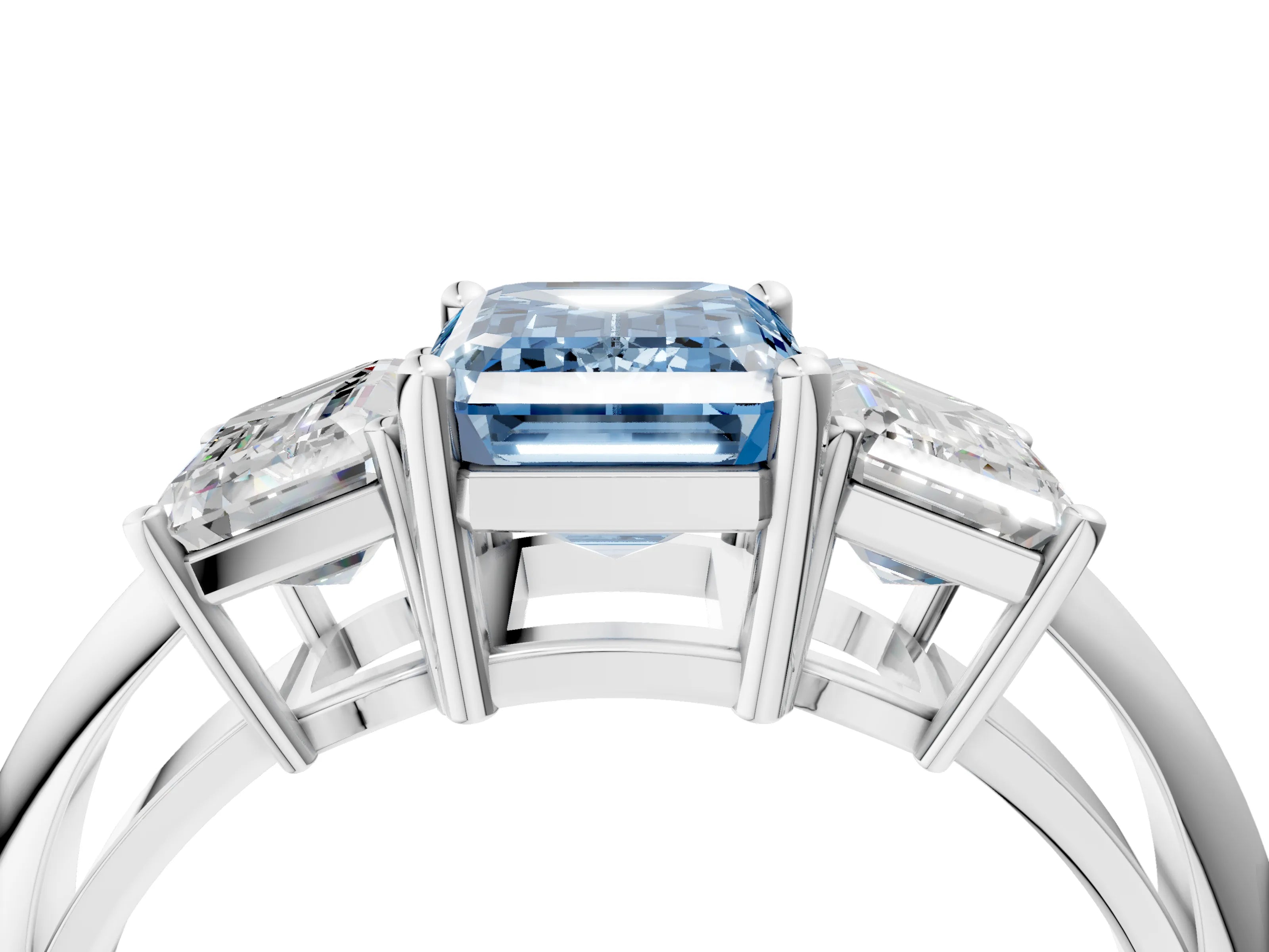 White gold Three-Stone Fancy Blue Emerald Cut Cut Diamond Engagement Ring with Prong Setting on a White Gold Band_16