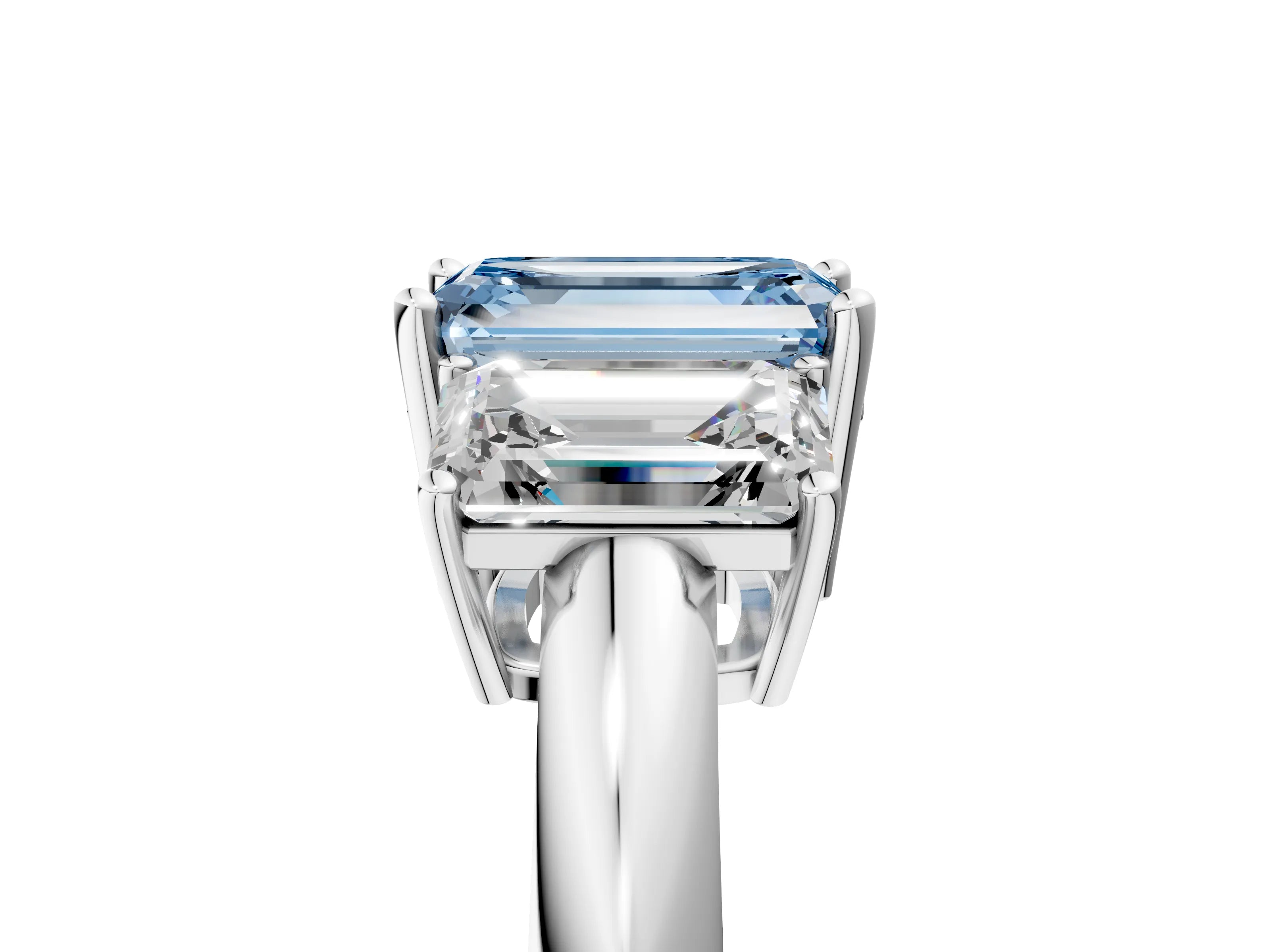 White gold Three-Stone Fancy Blue Emerald Cut Cut Diamond Engagement Ring with Prong Setting on a White Gold Band_17