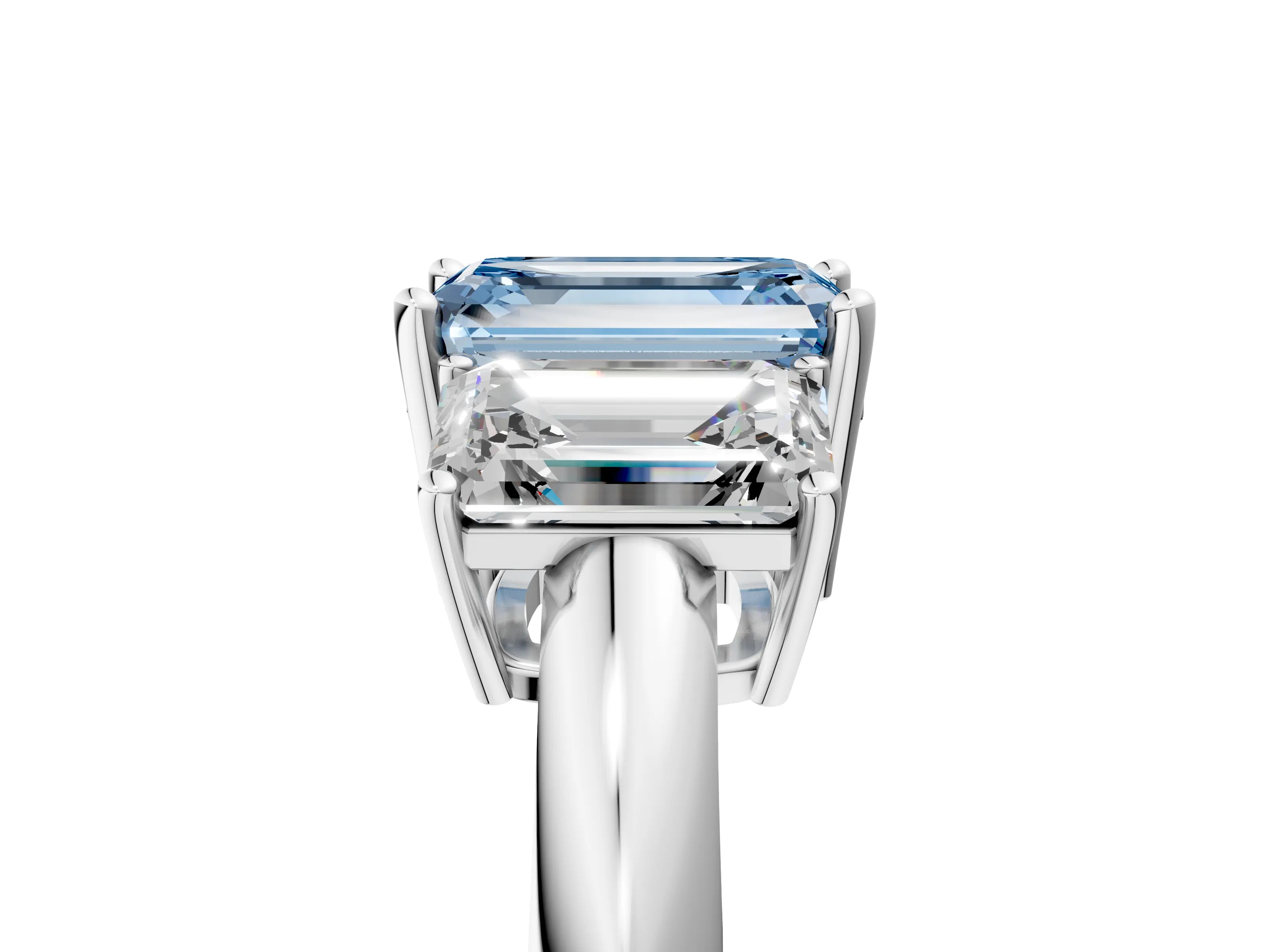 White gold Three-Stone Fancy Blue Emerald Cut Cut Diamond Engagement Ring with Prong Setting on a White Gold Band_17