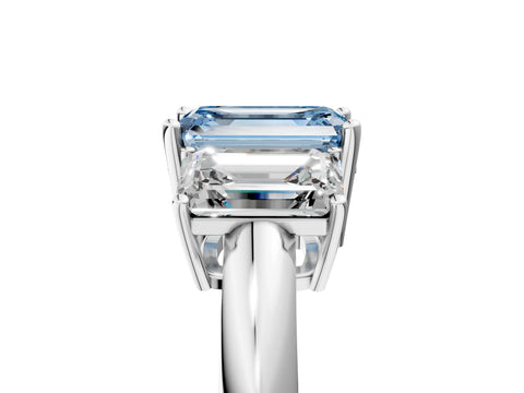 White gold Three-Stone Fancy Blue Emerald Cut Cut Diamond Engagement Ring with Prong Setting on a White Gold Band_17