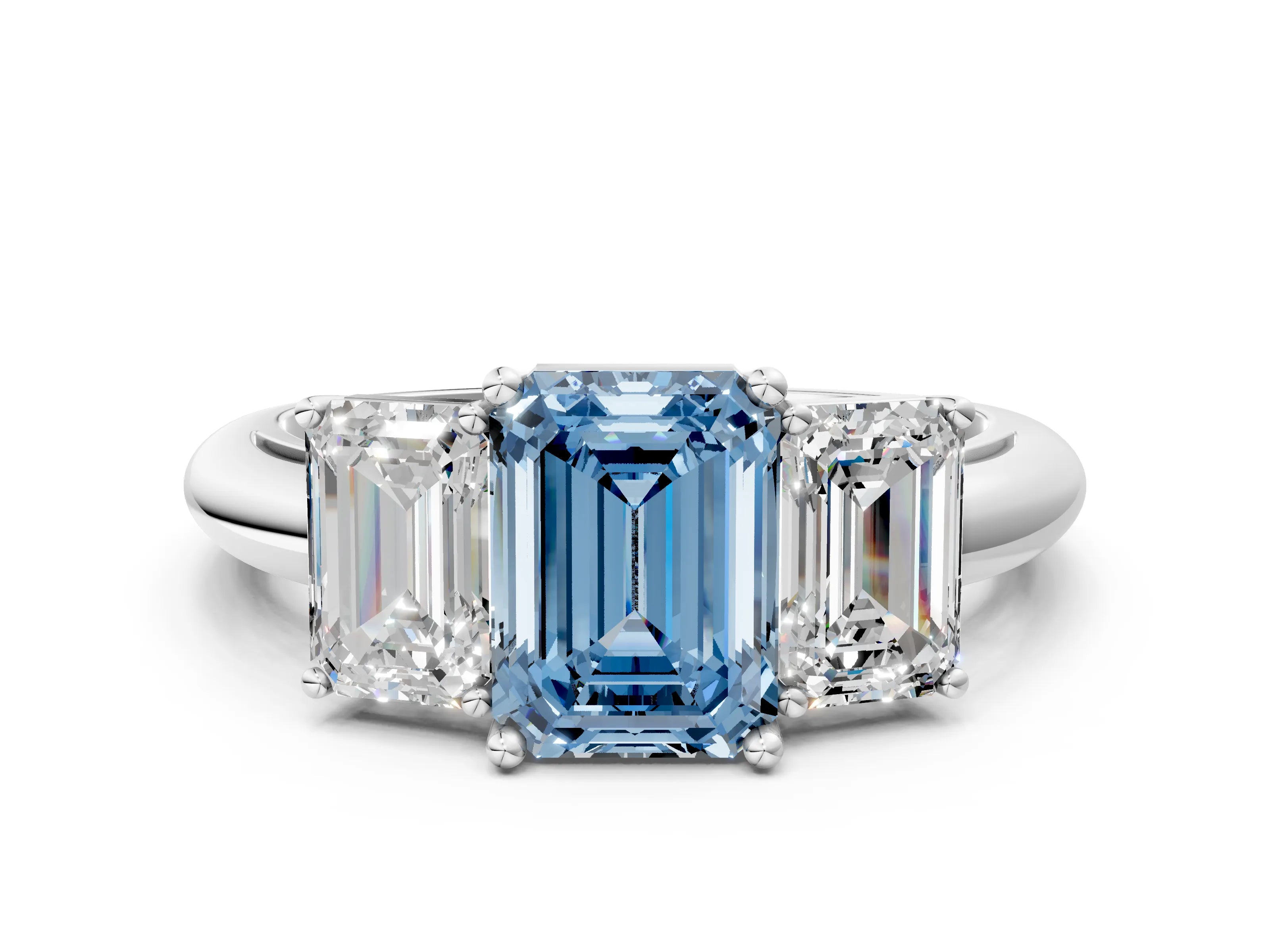 White gold Three-Stone Fancy Blue Emerald Cut Cut Diamond Engagement Ring with Prong Setting on a White Gold Band_36