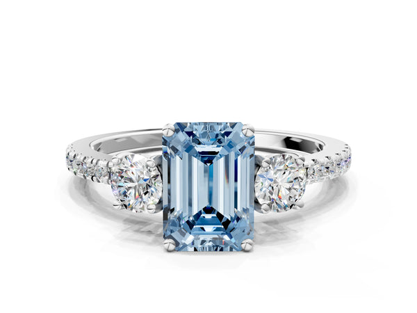 White gold Three-Stone Fancy Blue Emerald Cut Cut Diamond Pavé Band with Prong Setting