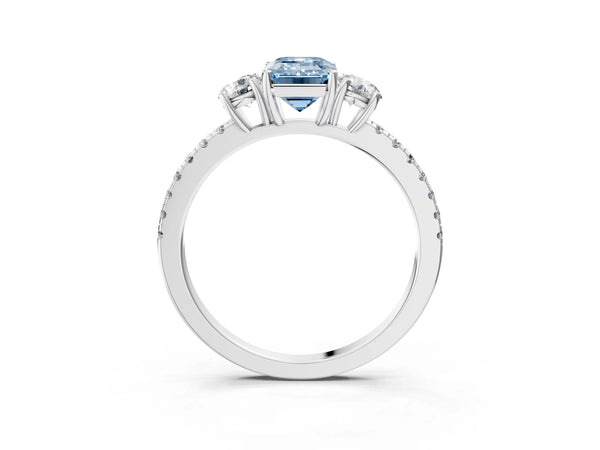 White gold Three-Stone Fancy Blue Emerald Cut Cut Diamond Pavé Band with Prong Setting