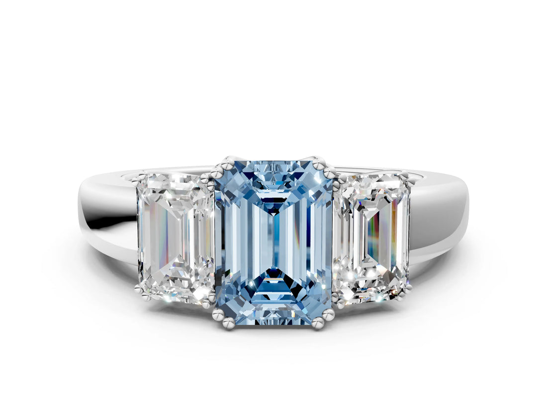 White gold Three-Stone Fancy Blue Emerald Cut Cut Diamond Ring with Channel Set Band and Four-Prong Setting_36