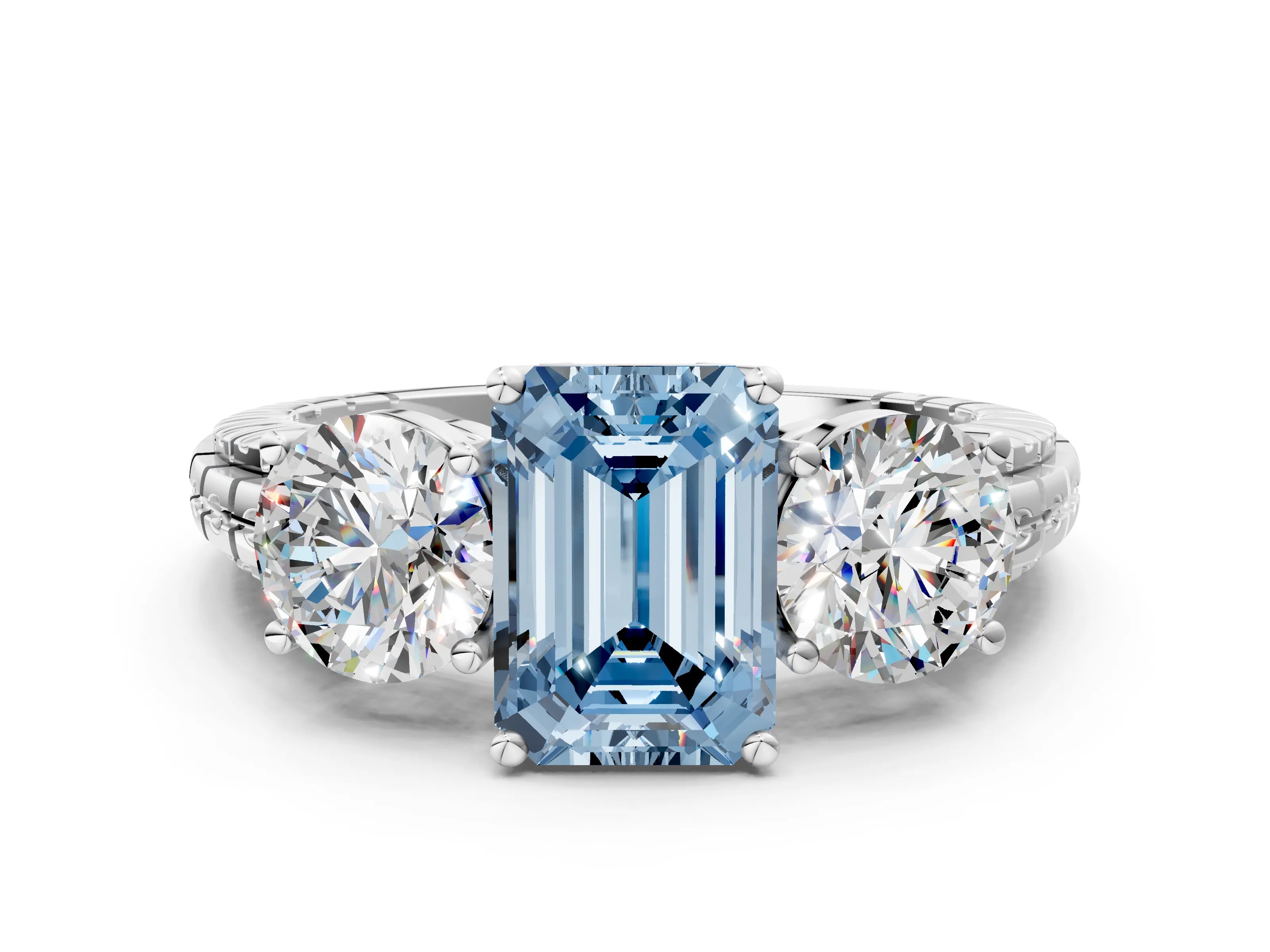White gold Three-Stone Fancy Blue Emerald Cut Cut Diamond Ring with Channel-Set Band and Prong Setting
