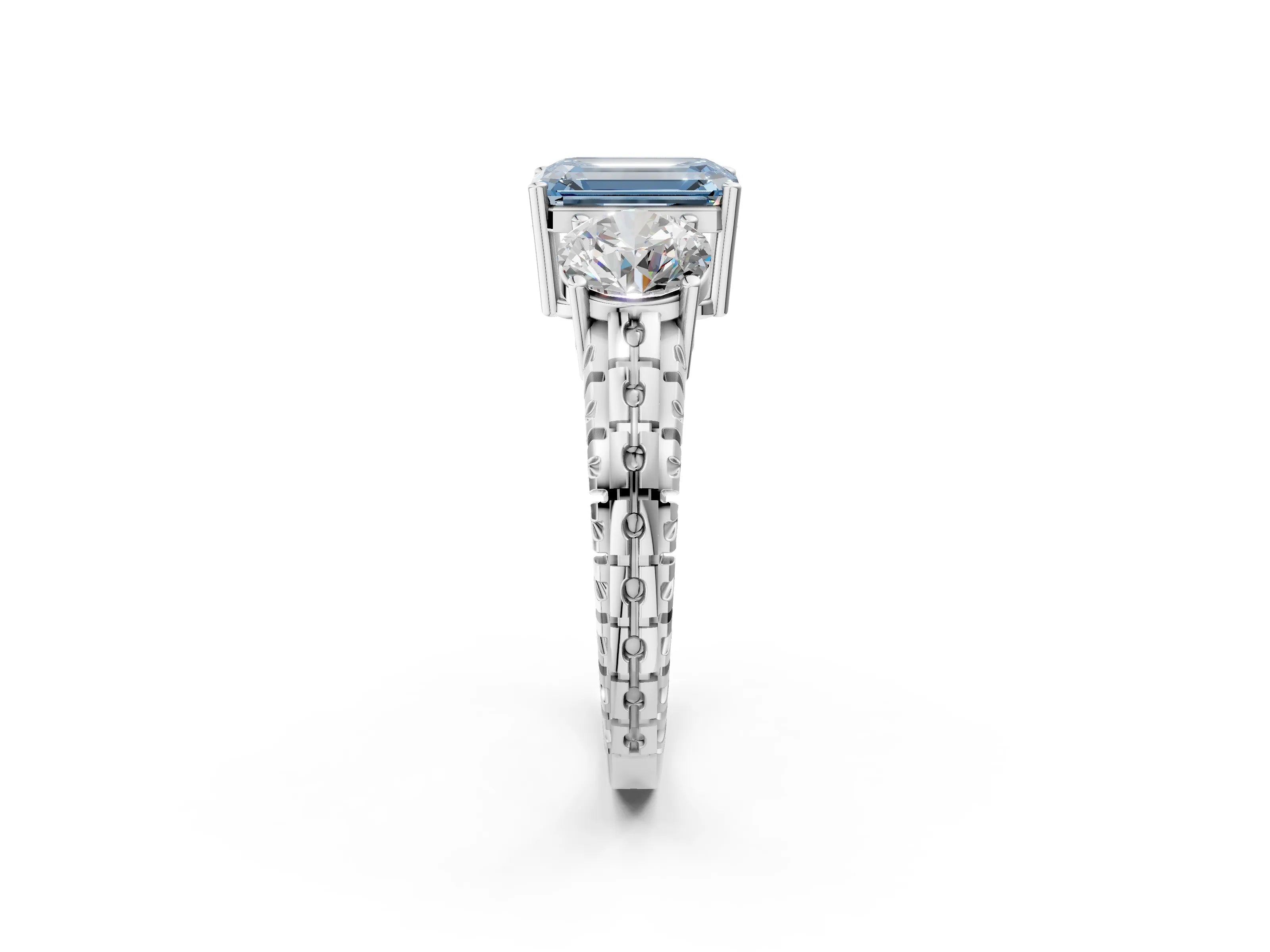 White gold Three-Stone Fancy Blue Emerald Cut Cut Diamond Ring with Channel-Set Band and Prong Setting_2