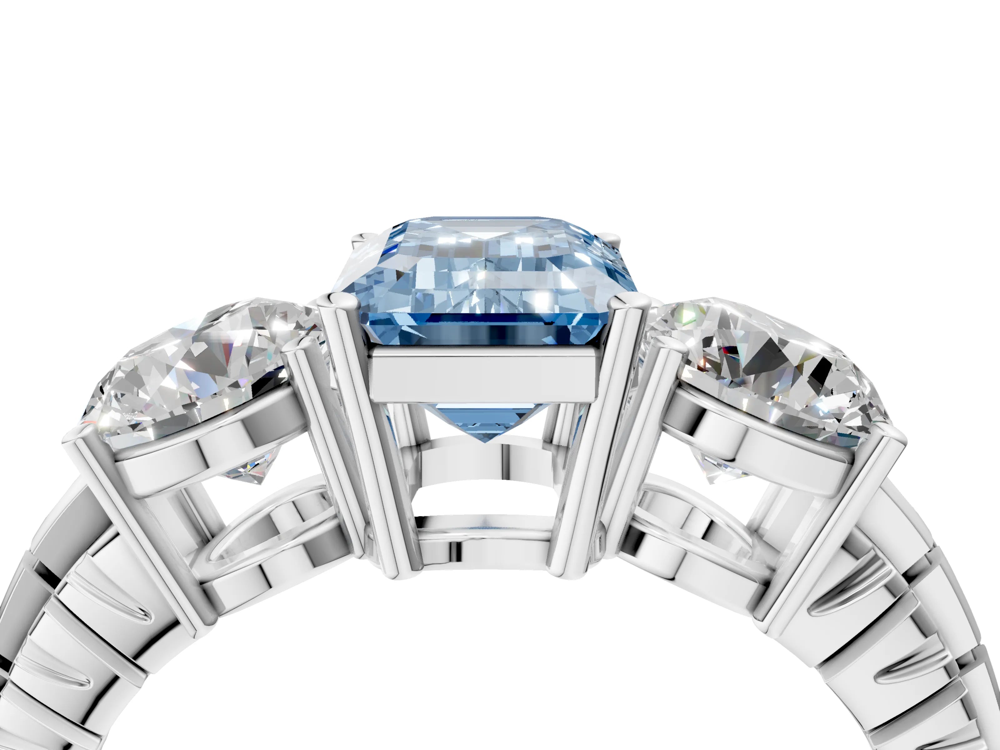 White gold Three-Stone Fancy Blue Emerald Cut Cut Diamond Ring with Channel-Set Band and Prong Setting_4