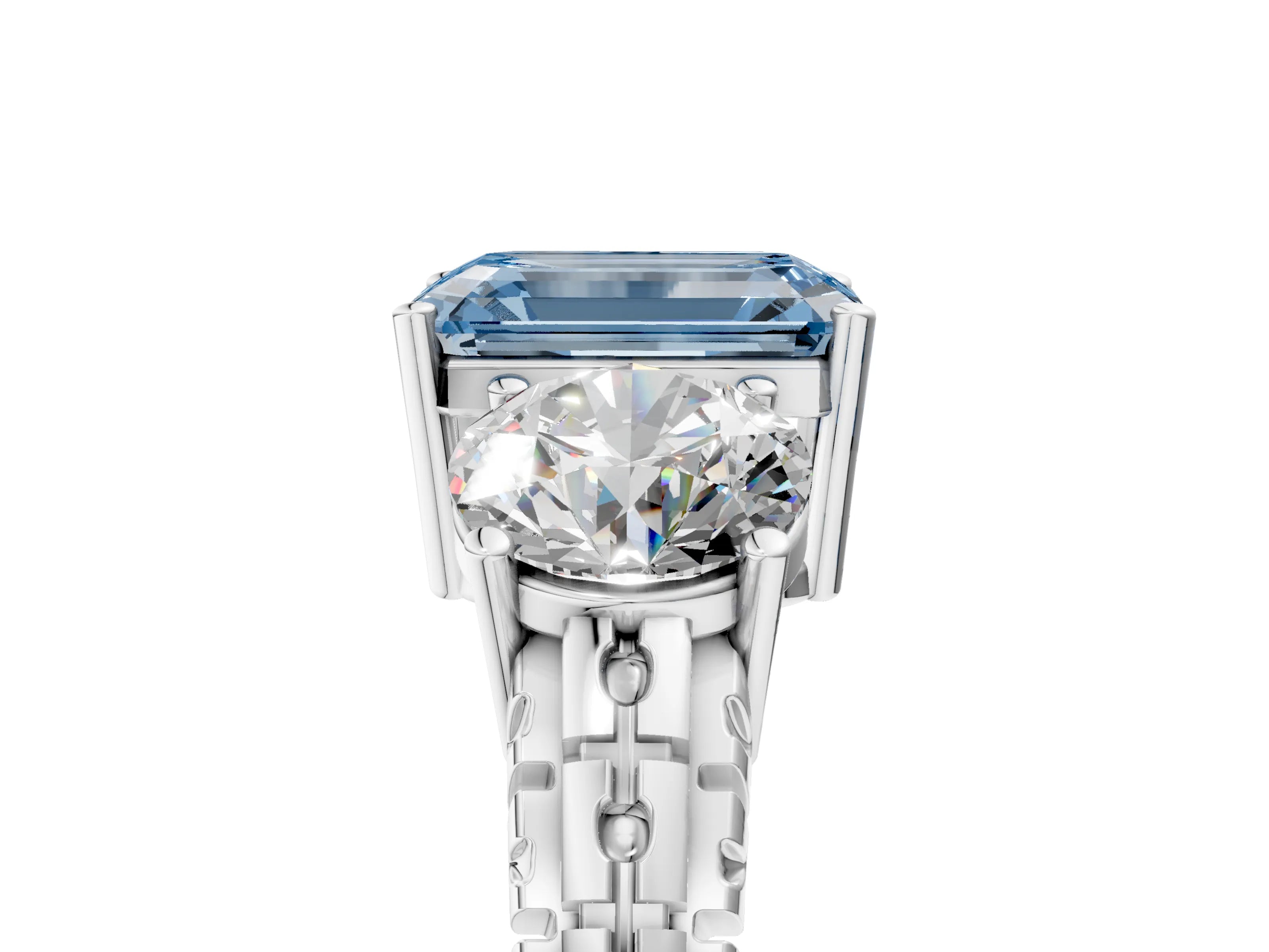 White gold Three-Stone Fancy Blue Emerald Cut Cut Diamond Ring with Channel-Set Band and Prong Setting_5