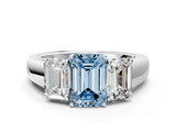 White gold Three-Stone Fancy Blue Emerald Cut Cut Diamond Ring with Prong Setting and Classic Band