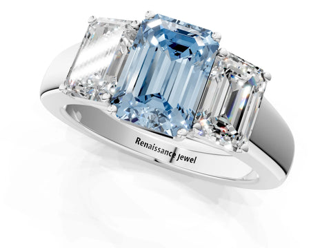 White gold Three-Stone Fancy Blue Emerald Cut Cut Diamond Ring with Prong Setting and Classic Band_1