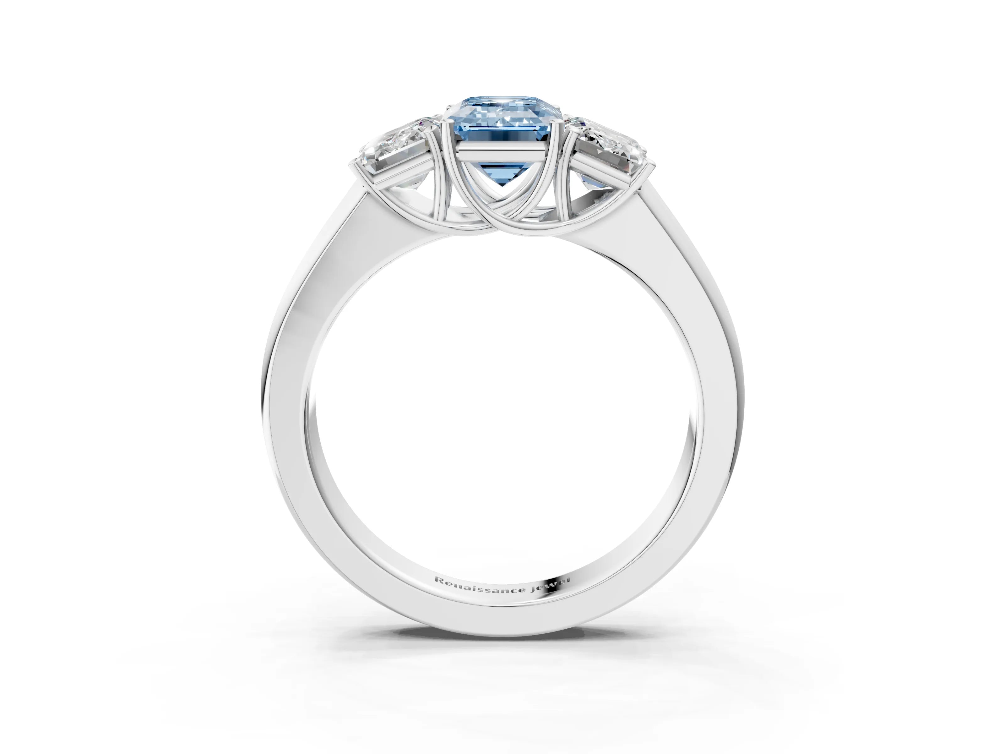 White gold Three-Stone Fancy Blue Emerald Cut Cut Diamond Ring with Prong Setting and Classic Band_3