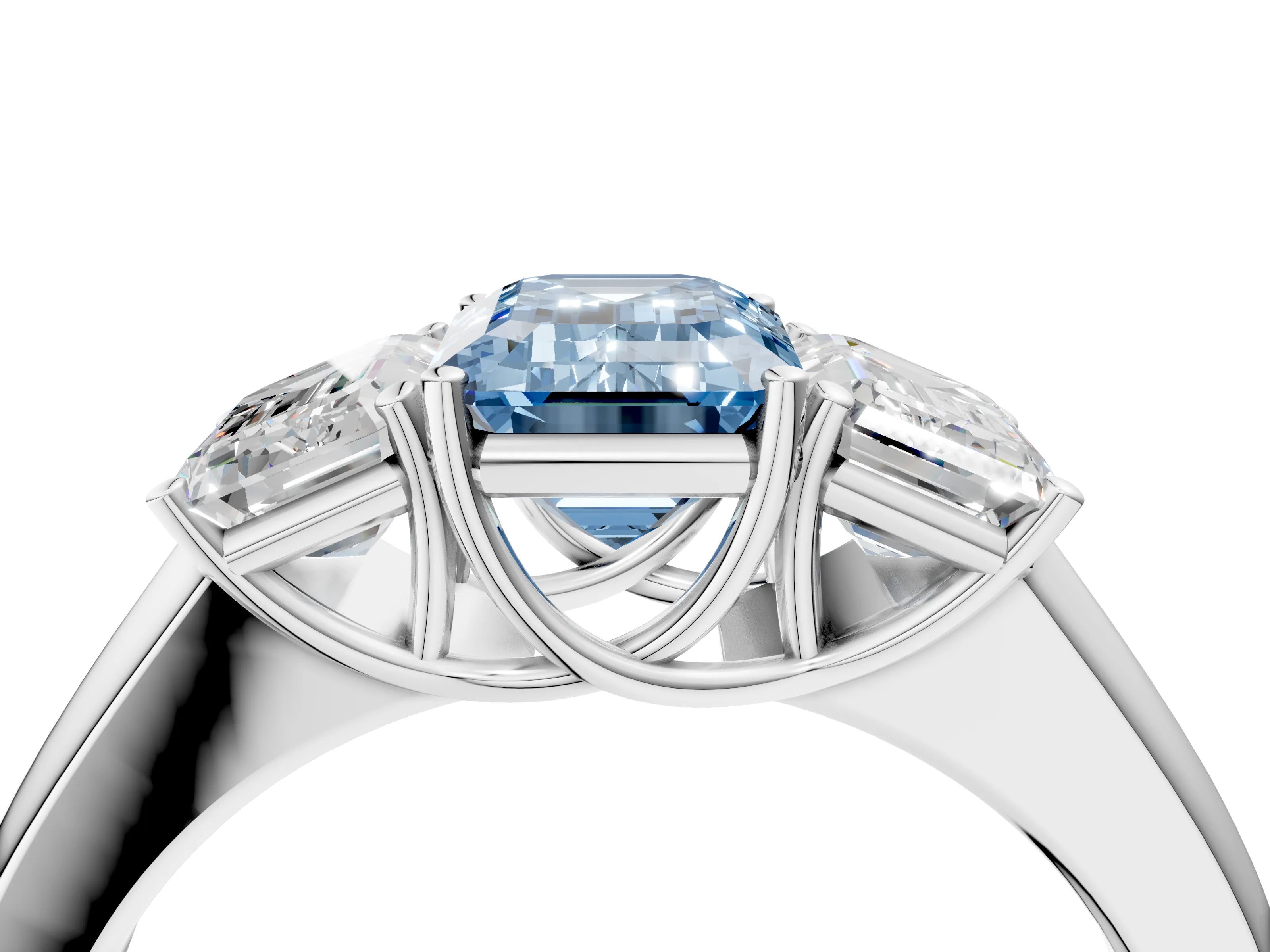 White gold Three-Stone Fancy Blue Emerald Cut Cut Diamond Ring with Prong Setting and Classic Band_4