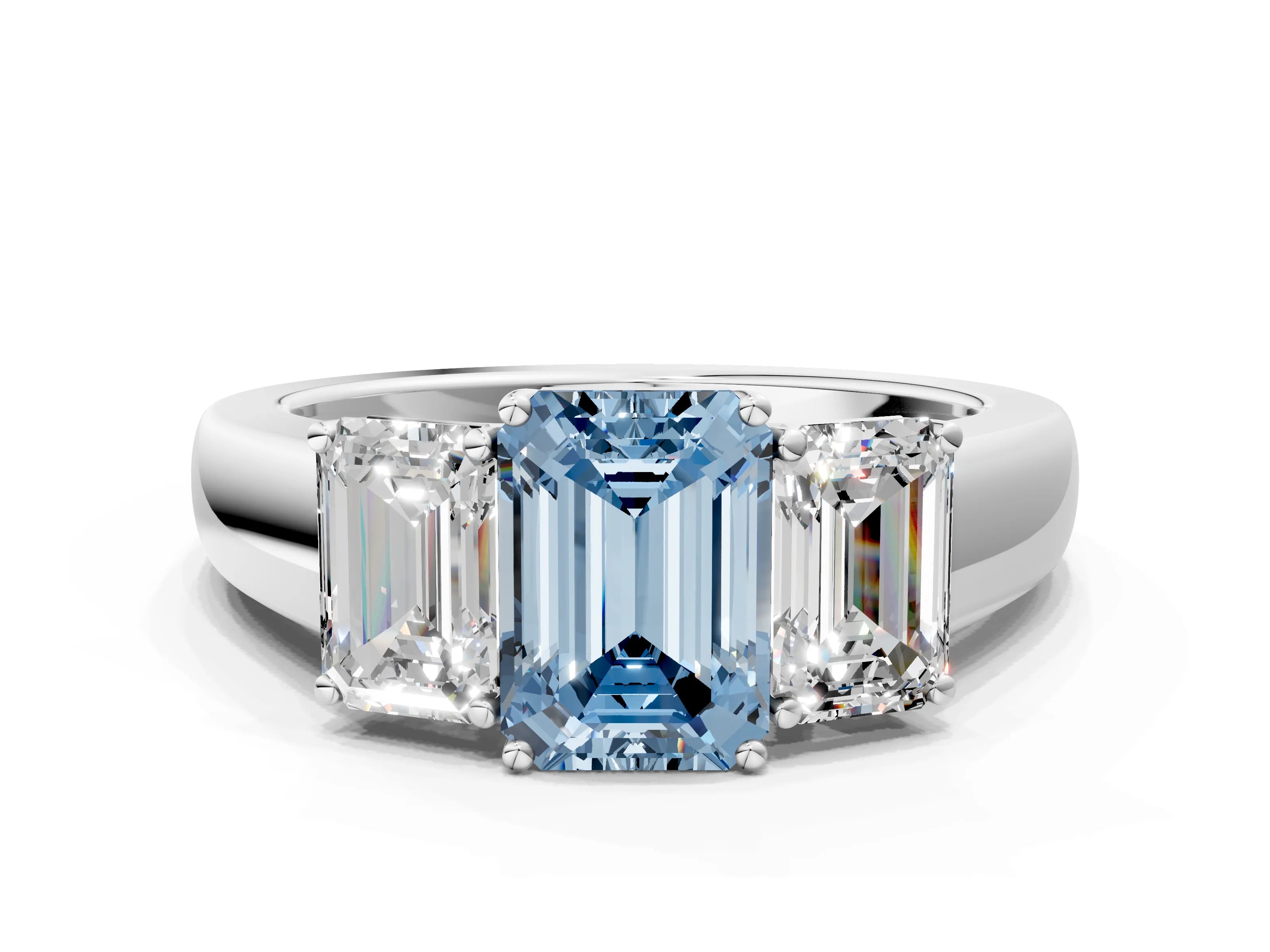 White gold Three-Stone Fancy Blue Emerald Cut Cut Diamond Ring with Prong Setting and Classic Band