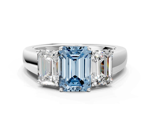 White gold Three-Stone Fancy Blue Emerald Cut Cut Diamond Ring with Prong Setting and Classic Band