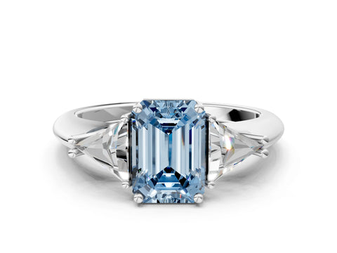 White gold Three-Stone Fancy Blue Emerald Cut Cut Diamond Ring with Trillion Side Stones and Four-Prong Setting_11