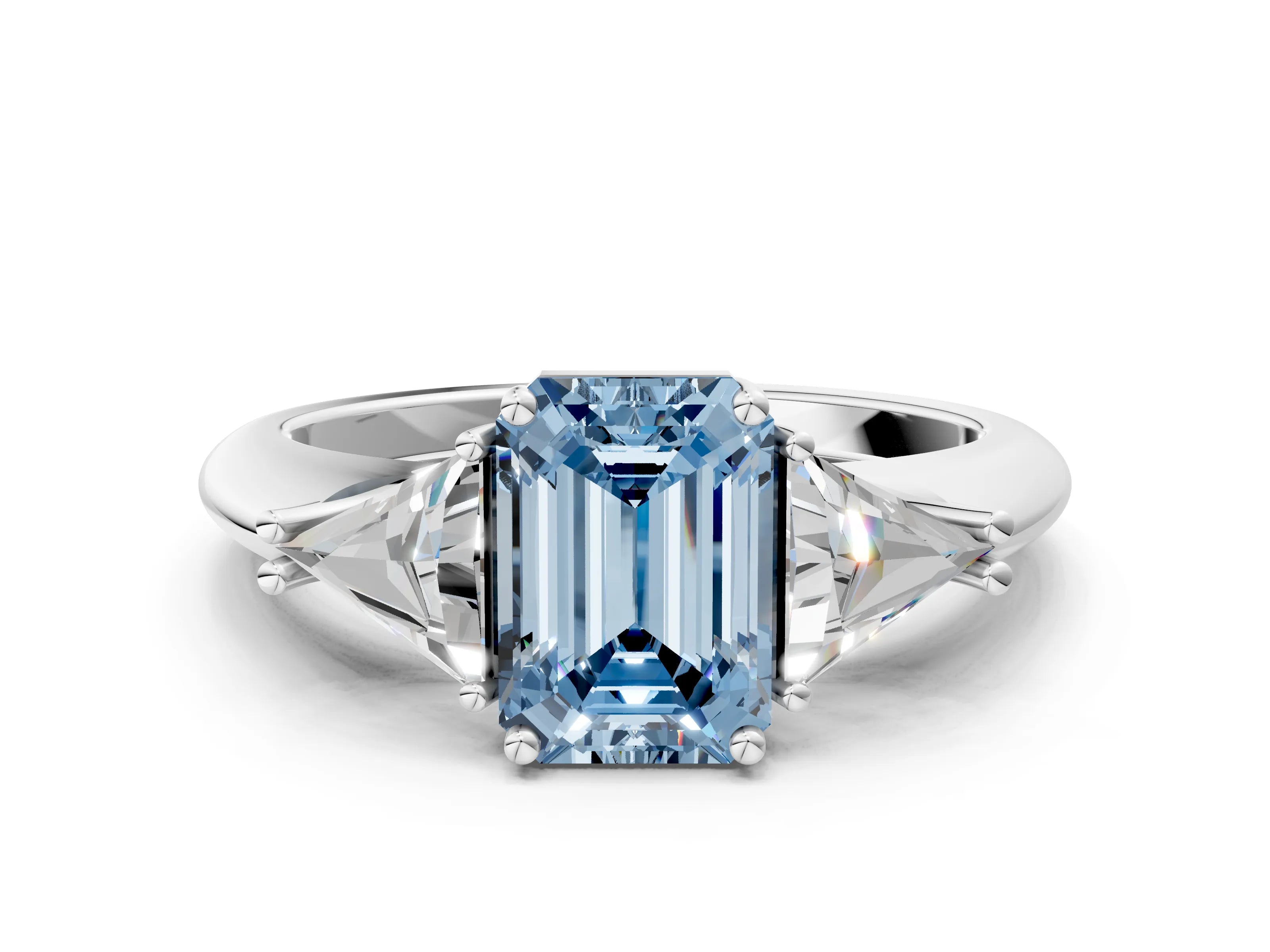 White gold Three-Stone Fancy Blue Emerald Cut Cut Diamond Ring with Trillion Side Stones and Four-Prong Setting_11