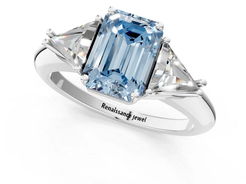White gold Three-Stone Fancy Blue Emerald Cut Cut Diamond Ring with Trillion Side Stones and Four-Prong Setting_12