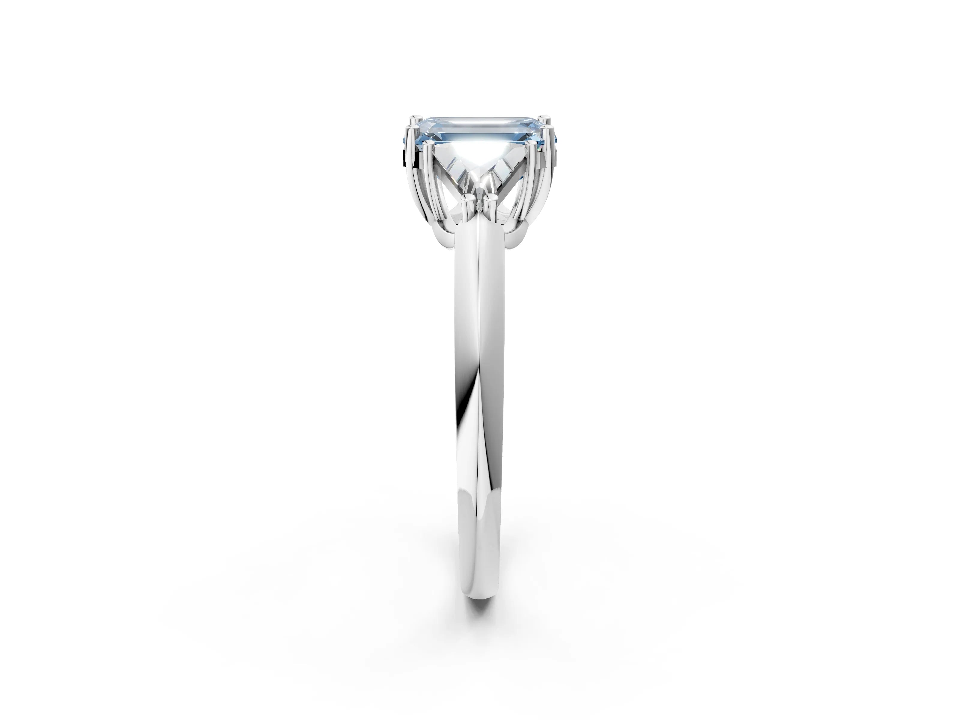 White gold Three-Stone Fancy Blue Emerald Cut Cut Diamond Ring with Trillion Side Stones and Four-Prong Setting_13