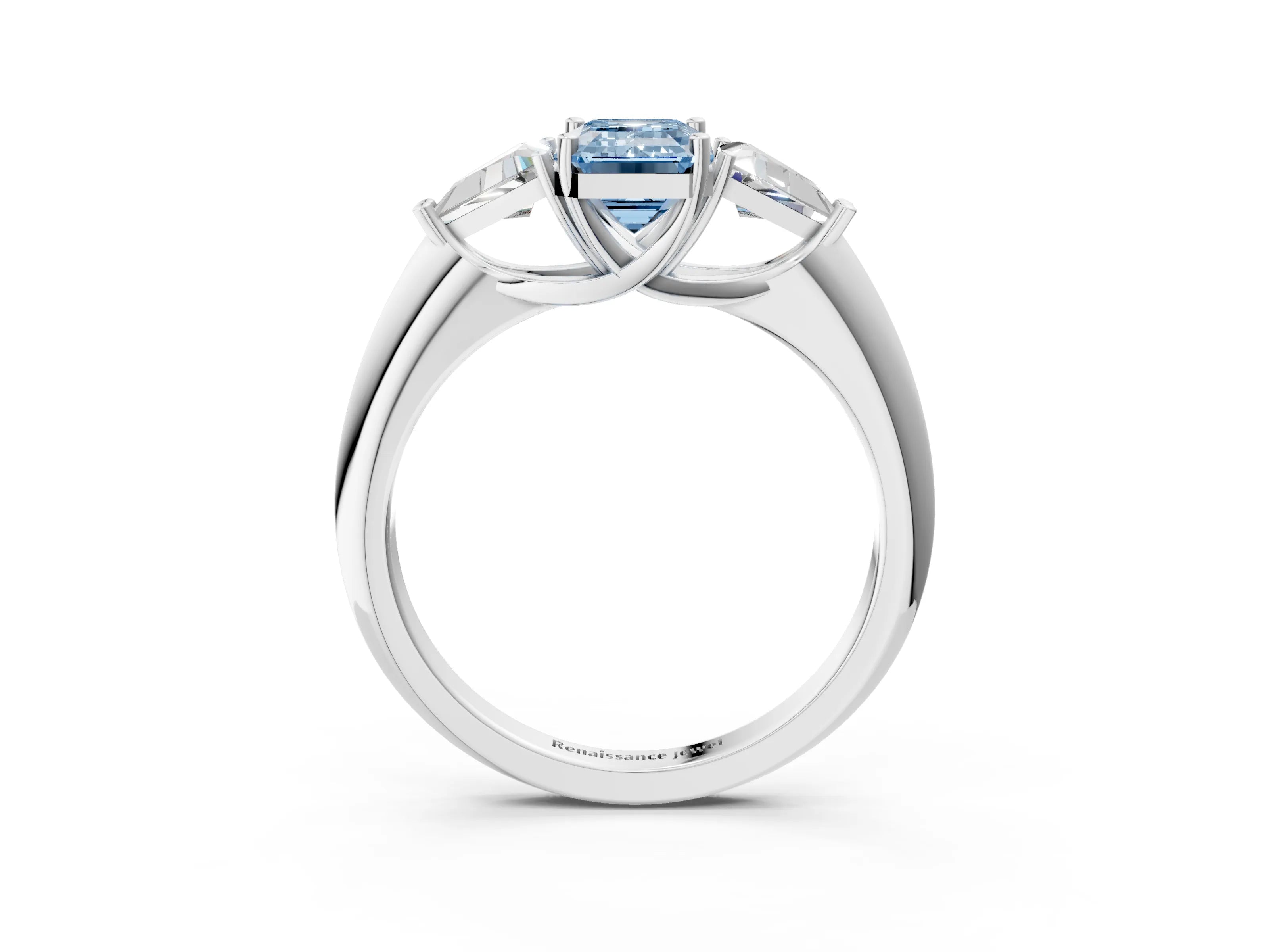 White gold Three-Stone Fancy Blue Emerald Cut Cut Diamond Ring with Trillion Side Stones and Four-Prong Setting_14