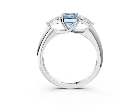 White gold Three-Stone Fancy Blue Emerald Cut Cut Diamond Ring with Trillion Side Stones and Four-Prong Setting_14
