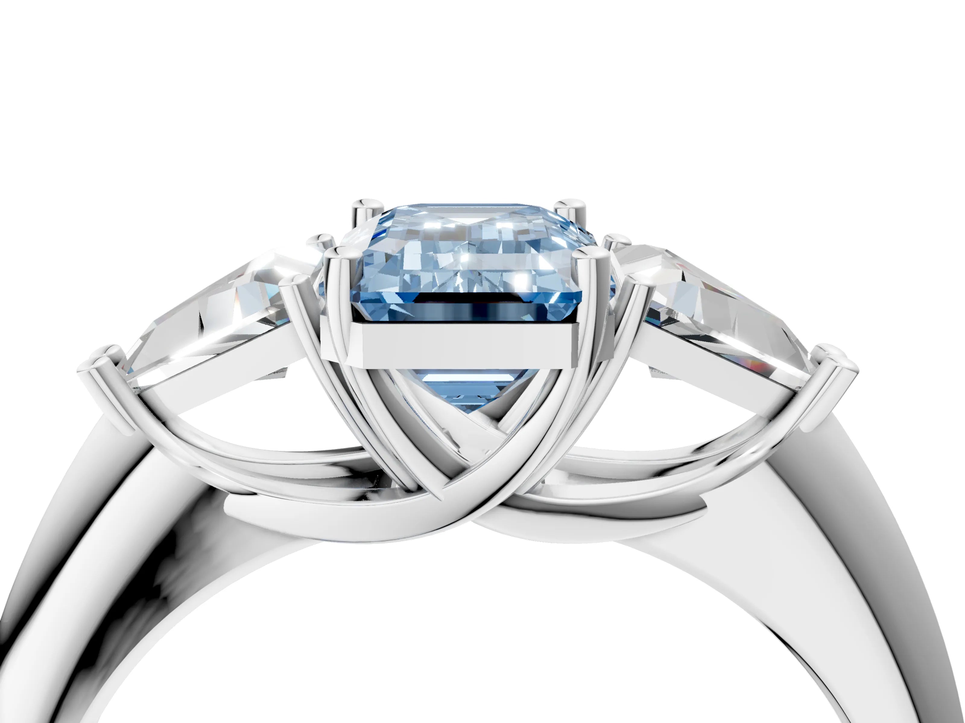 White gold Three-Stone Fancy Blue Emerald Cut Cut Diamond Ring with Trillion Side Stones and Four-Prong Setting_15