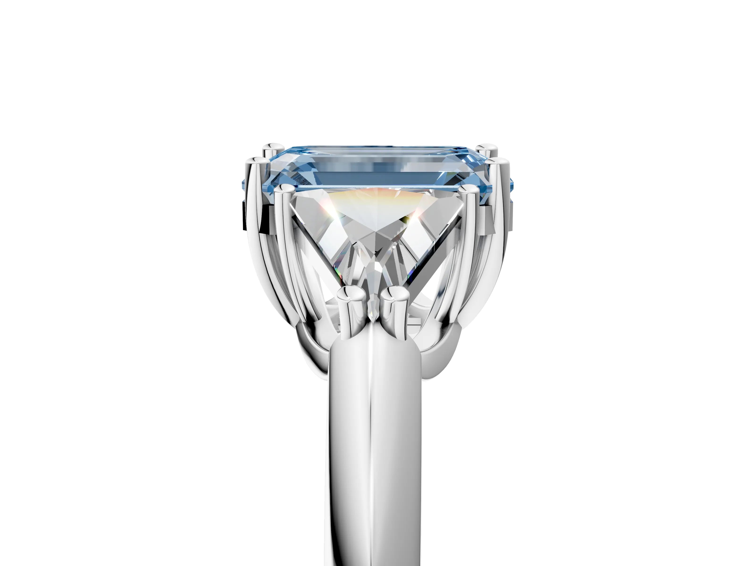 White gold Three-Stone Fancy Blue Emerald Cut Cut Diamond Ring with Trillion Side Stones and Four-Prong Setting_16