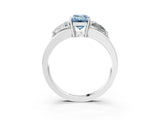 White gold Three-Stone Fancy Blue Emerald Cut Cut Diamond Ring with Trillion Side Stones on a Split Shank Band_15