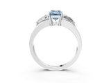 White gold Three-Stone Fancy Blue Emerald Cut Cut Diamond Ring with Trillion Side Stones on a Split Shank Band_3