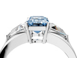 White gold Three-Stone Fancy Blue Emerald Cut Cut Diamond Ring with Trillion Side Stones on a Split Shank Band_4