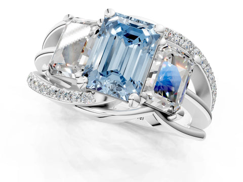 White gold Three-Stone Fancy Blue Emerald Cut Cut Diamond Split Shank Prong Set Ring_1