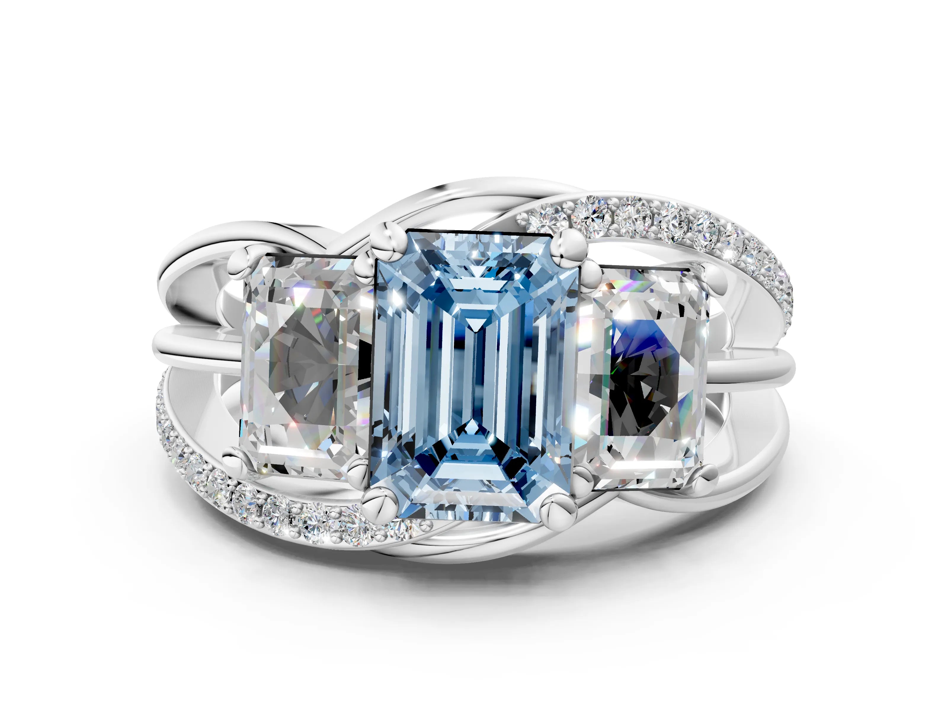 White gold Three-Stone Fancy Blue Emerald Cut Cut Diamond Split Shank Prong Set Ring_24