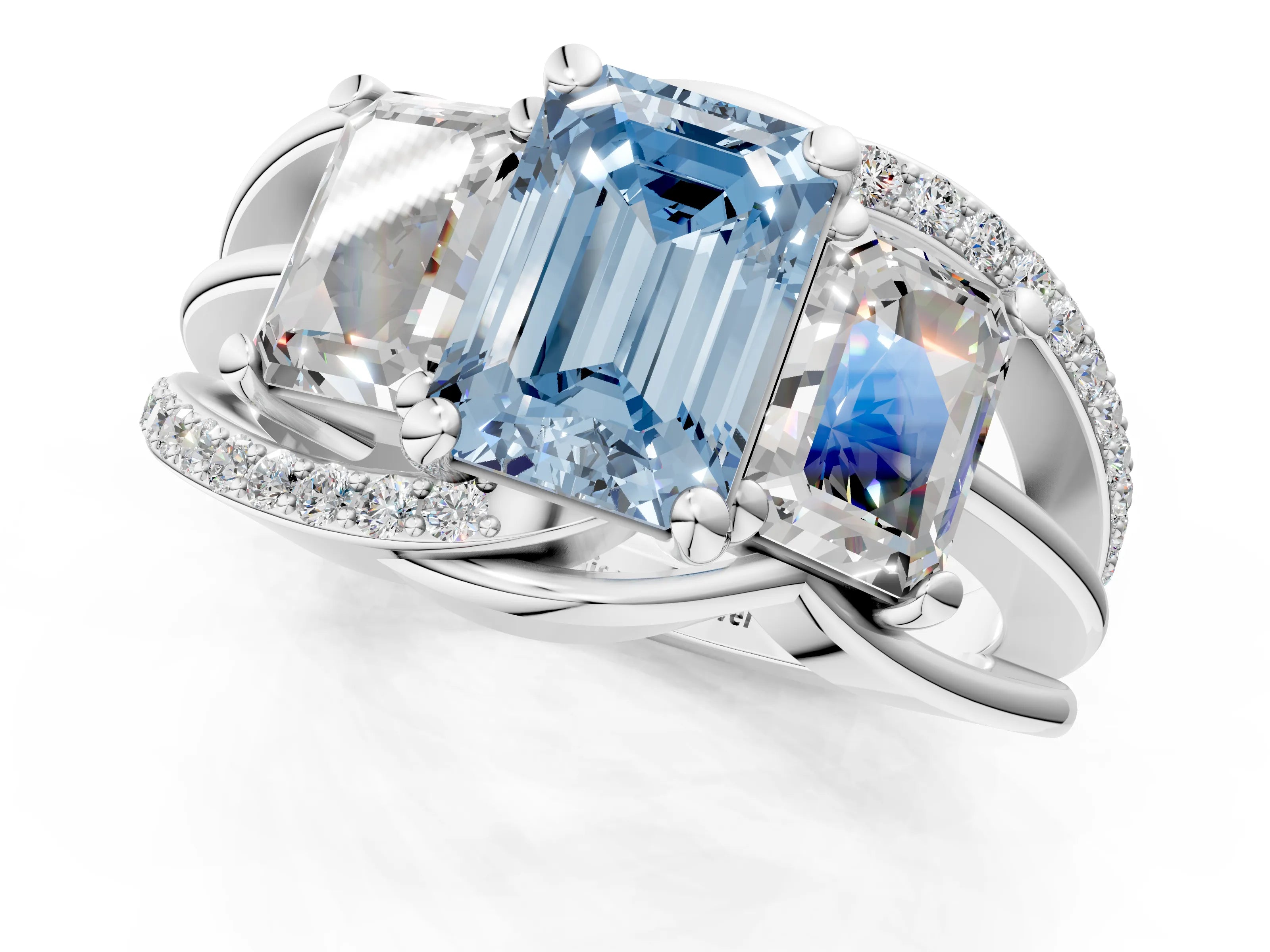 White gold Three-Stone Fancy Blue Emerald Cut Cut Diamond Split Shank Prong Set Ring_25