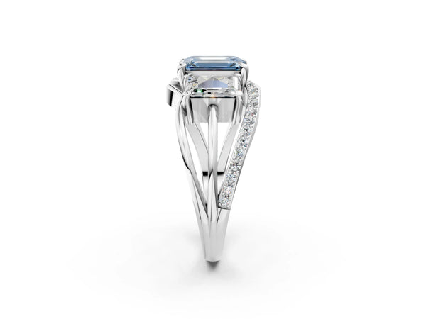 Platinum Emerald Cut Three Stone Split Shank Engagement Ring Setting for Fancy Blue Center