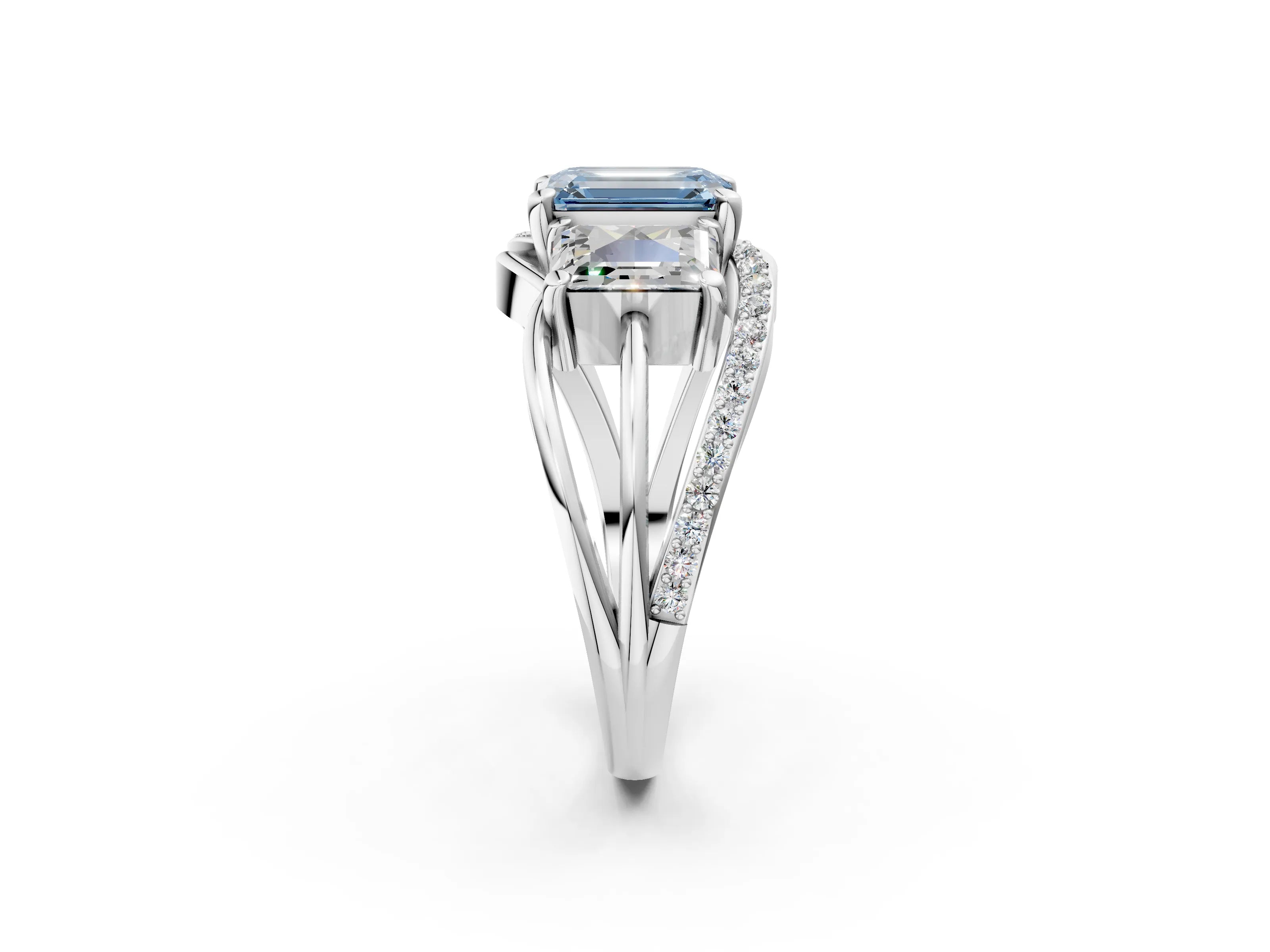 White gold Three-Stone Fancy Blue Emerald Cut Cut Diamond Split Shank Prong Set Ring_26