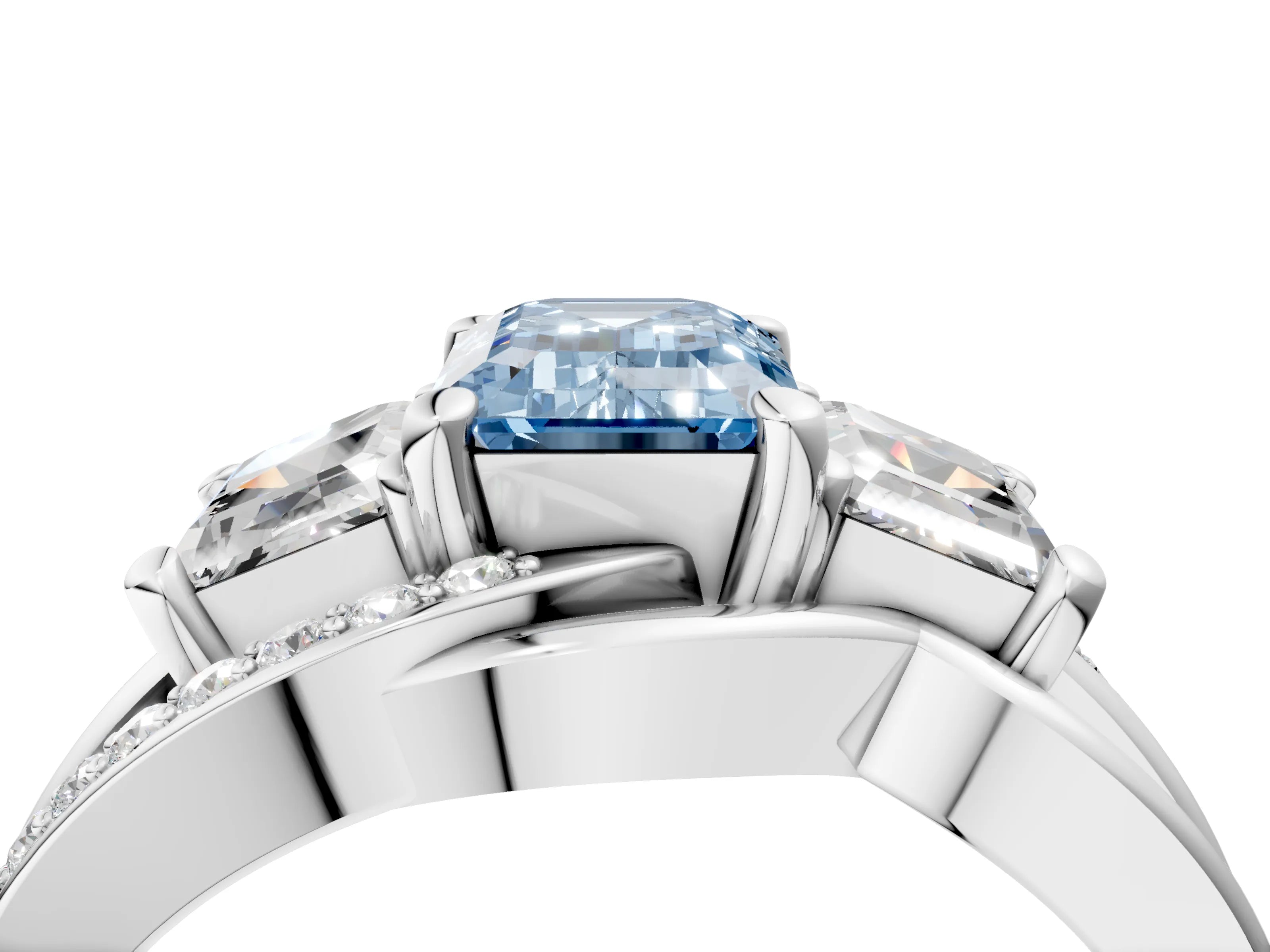 White gold Three-Stone Fancy Blue Emerald Cut Cut Diamond Split Shank Prong Set Ring_28