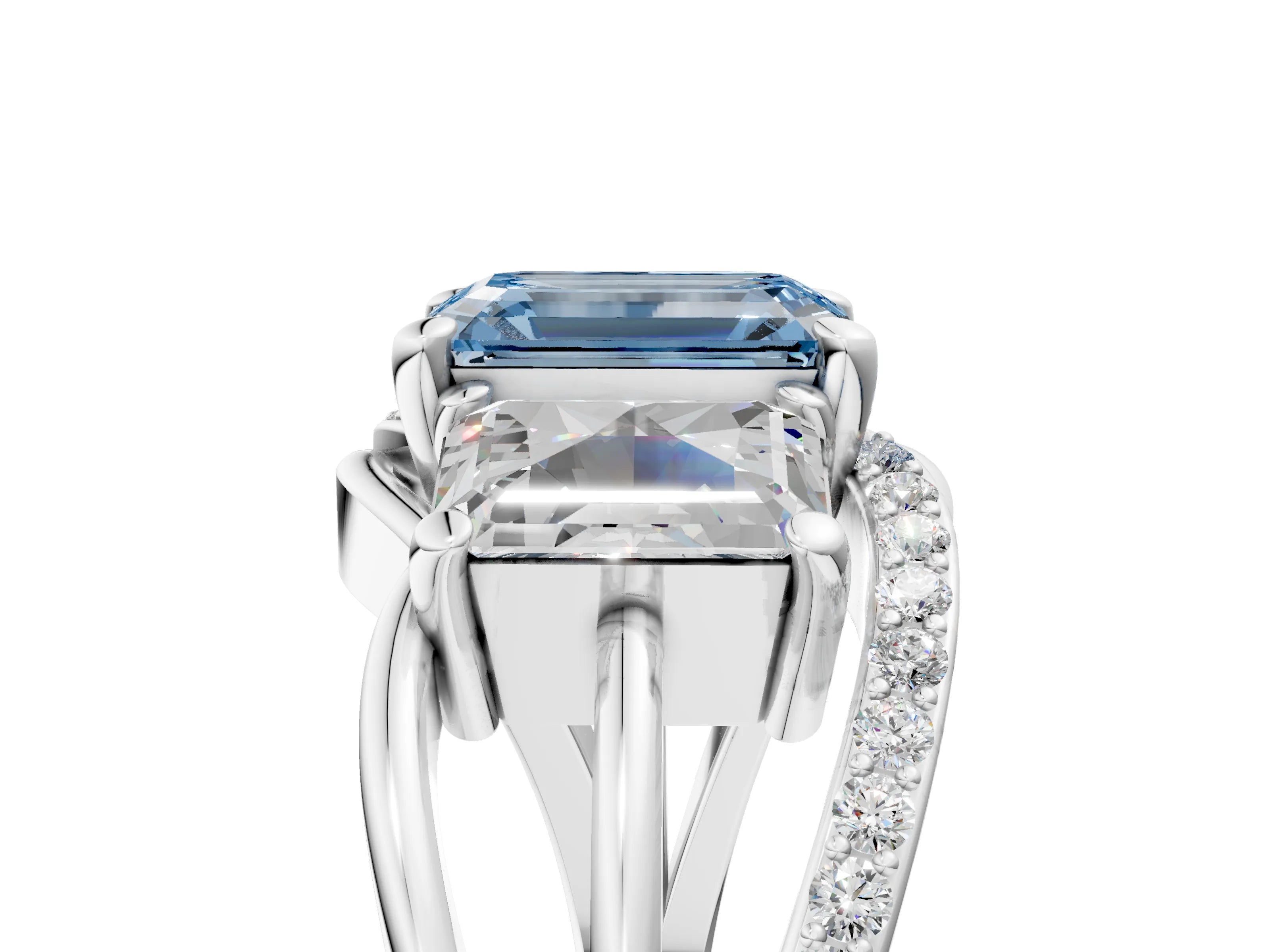 White gold Three-Stone Fancy Blue Emerald Cut Cut Diamond Split Shank Prong Set Ring_29