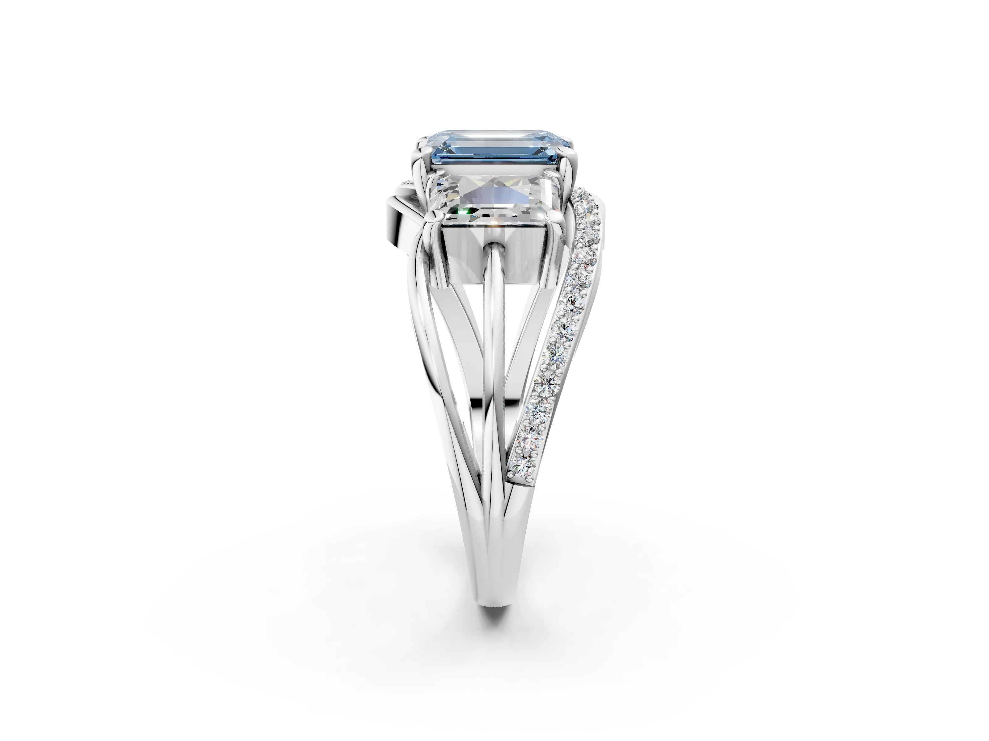 White gold Three-Stone Fancy Blue Emerald Cut Cut Diamond Split Shank Prong Set Ring_2