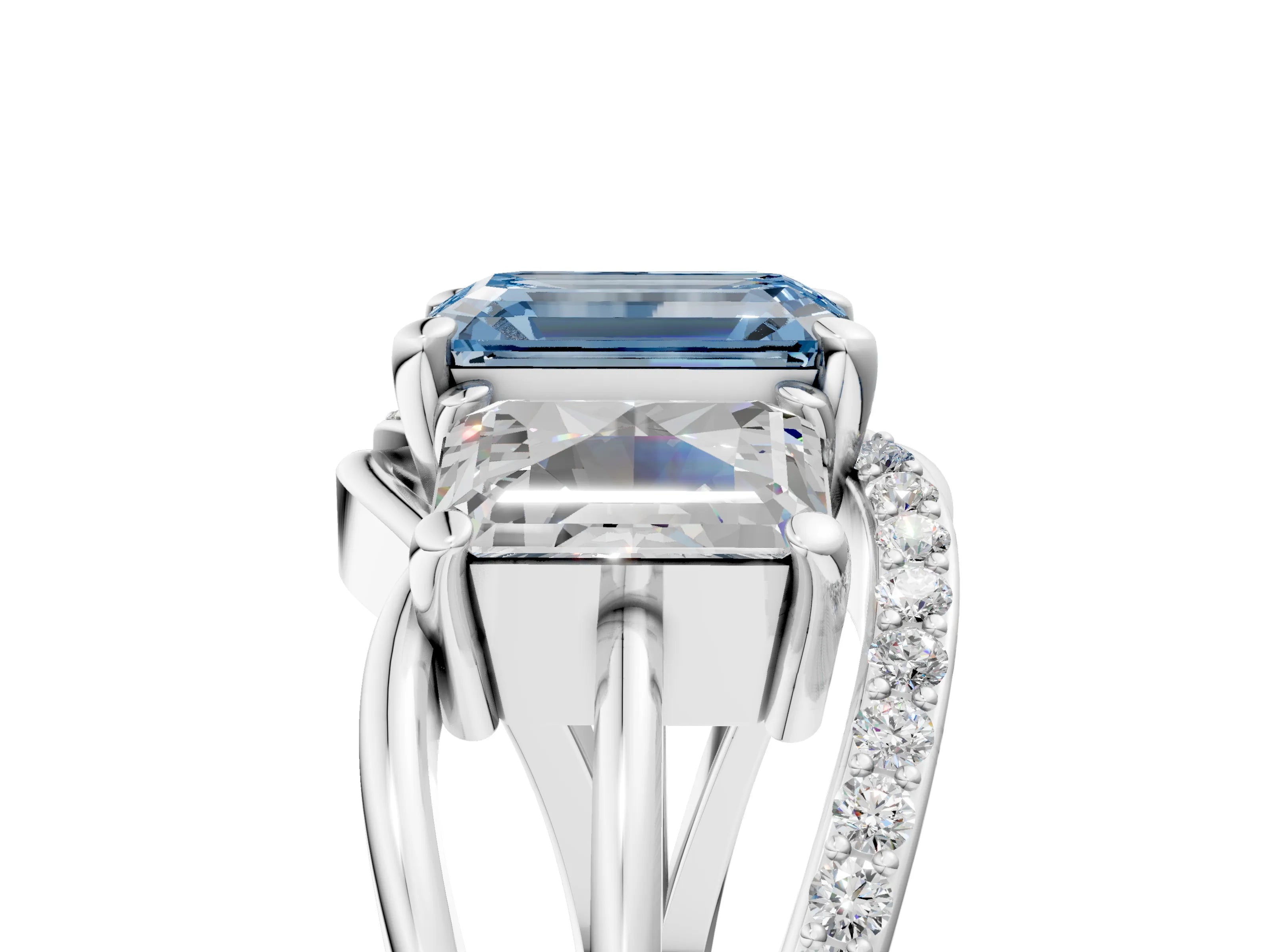 White gold Three-Stone Fancy Blue Emerald Cut Cut Diamond Split Shank Prong Set Ring_5