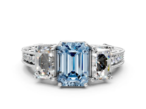 White gold Three-Stone Fancy Blue Emerald Cut Cut Milgrain Pavé Engagement Ring_12